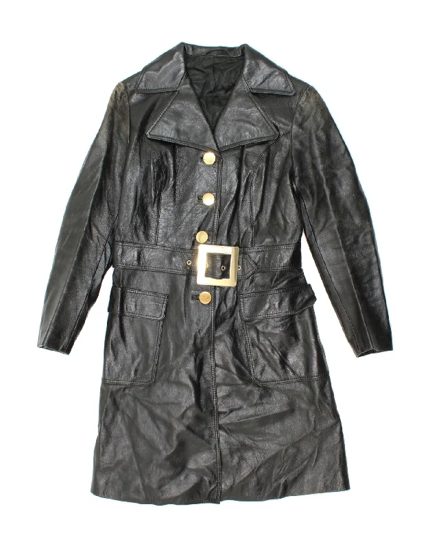 VINTAGE Womens Leather Coat IT 42 Medium Black