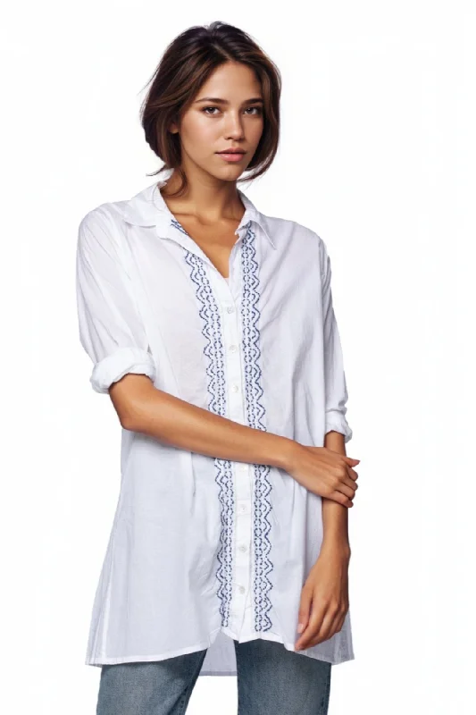 Ziggy Button Down Embroidery Shirt Dress in Washed Cotton