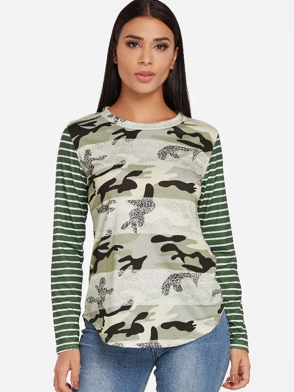 OEM ODM Crew Neck Stripe Camouflage Long Sleeve Green T-Shirts