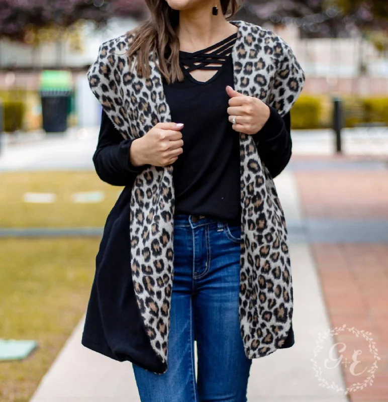 Savings Event Warm And Together With Leopard Vest Cardigan In Black