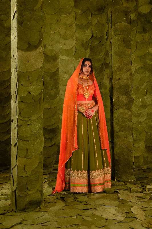 Akka (ಅಕ್ಕ) Lehenga in Signal Orange and Terrarium Moss Green