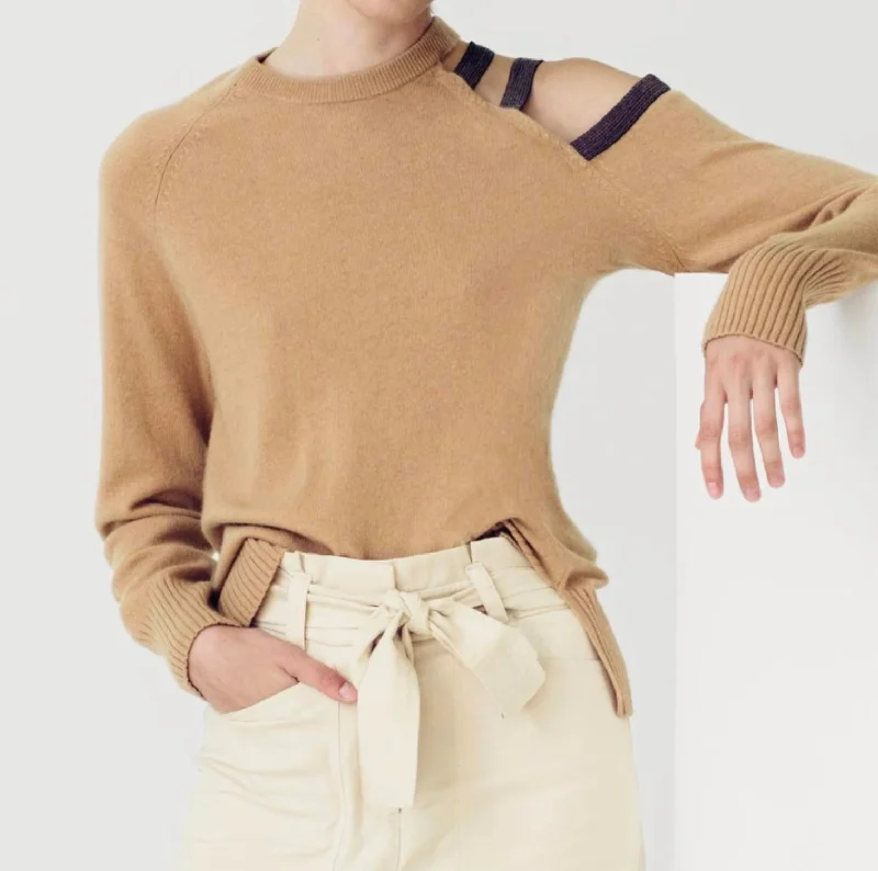 Great Bargain Open Shoulder Embellished Sweater In Camel
