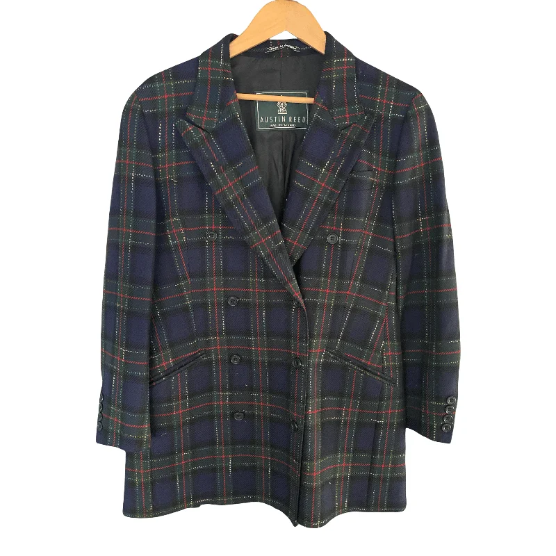 Austin Reed Blue and Green Tartan Double Breasted Jacket UK Size 12