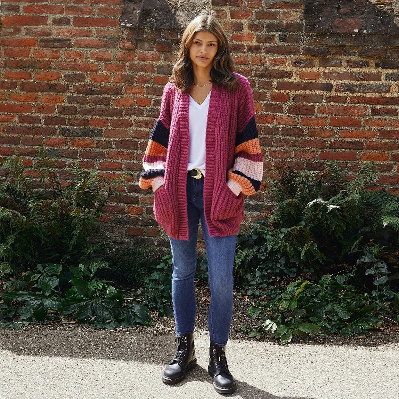 Allie Chunky Stripe Sleeve Cardigan - Berry