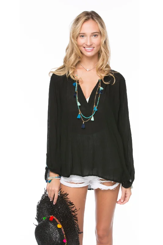 Hawaii Gauzy Rayon Henley Top with Embroidery Stitch