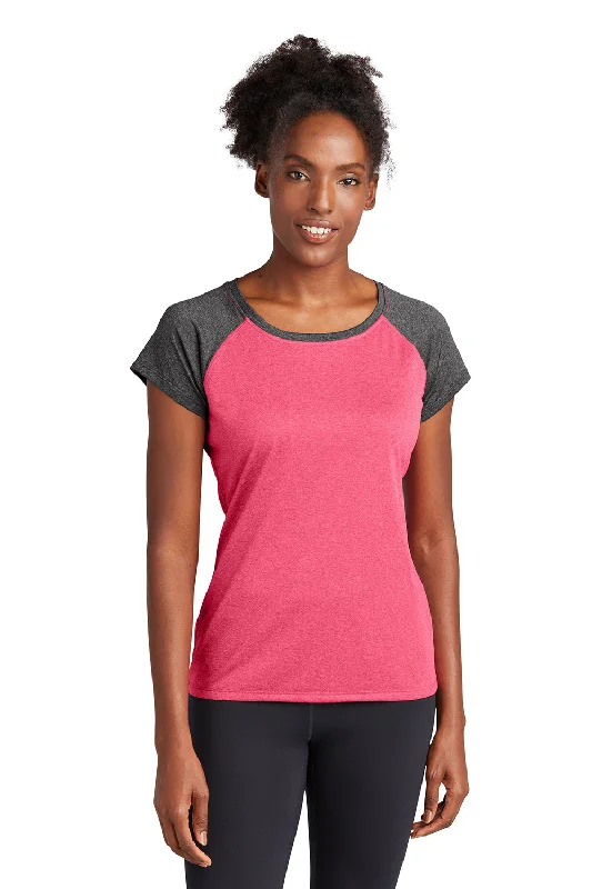 Sport-Tek Womens Contender Heather Moisture Wicking Short Sleeve Wide Neck T-Shirt - Heather Raspberry Pink/Heather Graphite Grey