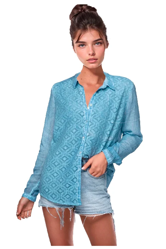 Button Up Front Lace Shirt - Pigment Dye in Sky Bl;ue