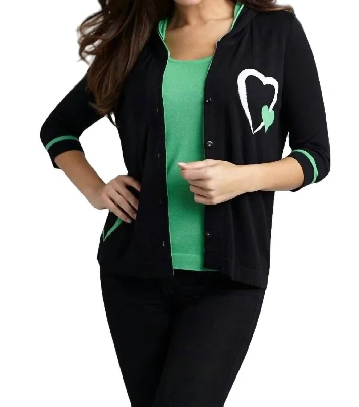 Price Rollback Double Heart Hooded Cardigan In Blackgreen