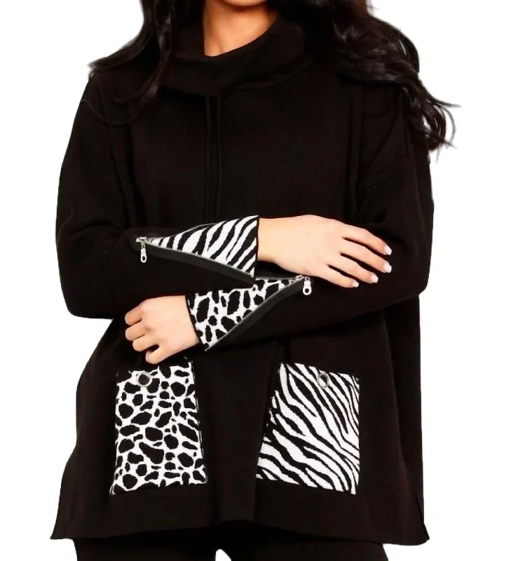 Overstock Animal Print Pocket Poncho In Black/white