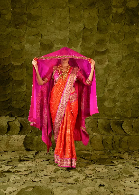 Heṇṇu (ಹೆಣ್ಣು) Saree in Signal Orange and Shocking Pink