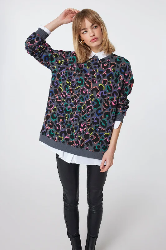 Grey with Rainbow Shadow Leopard Oversized Sweatshirt