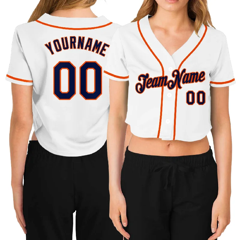 Custom Women's White Navy-Orange V-Neck Cropped Baseball Jersey