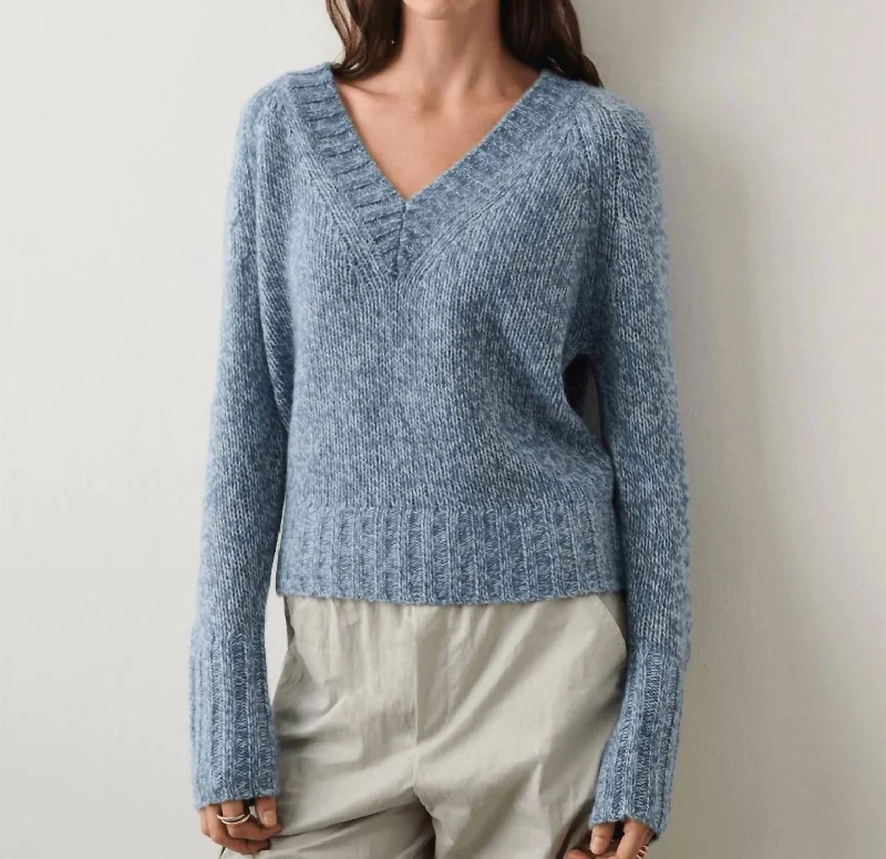 New Deal Cashmere Air Plush V-Neck In Blue Marl
