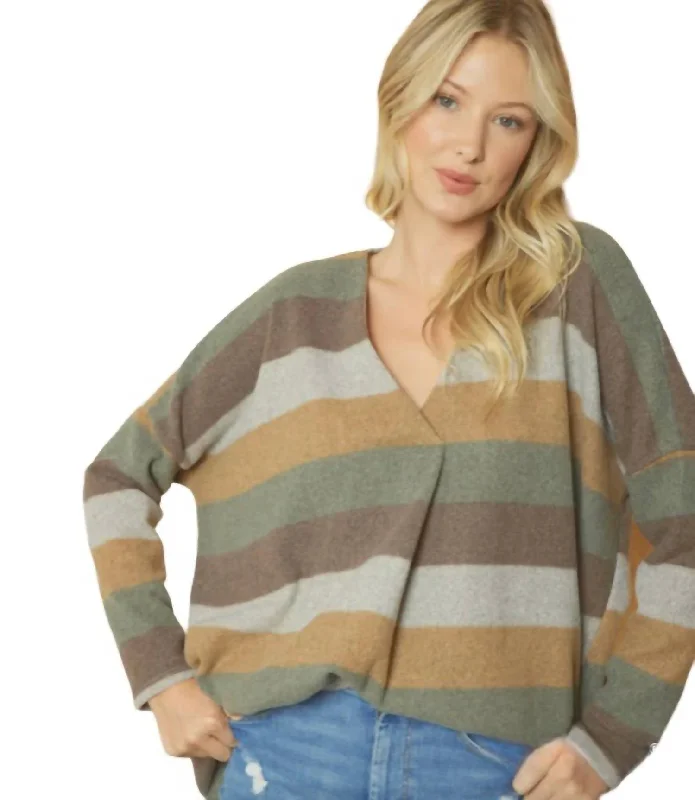 Price Slash Vneck Front Placket Striped Sweater In Multi