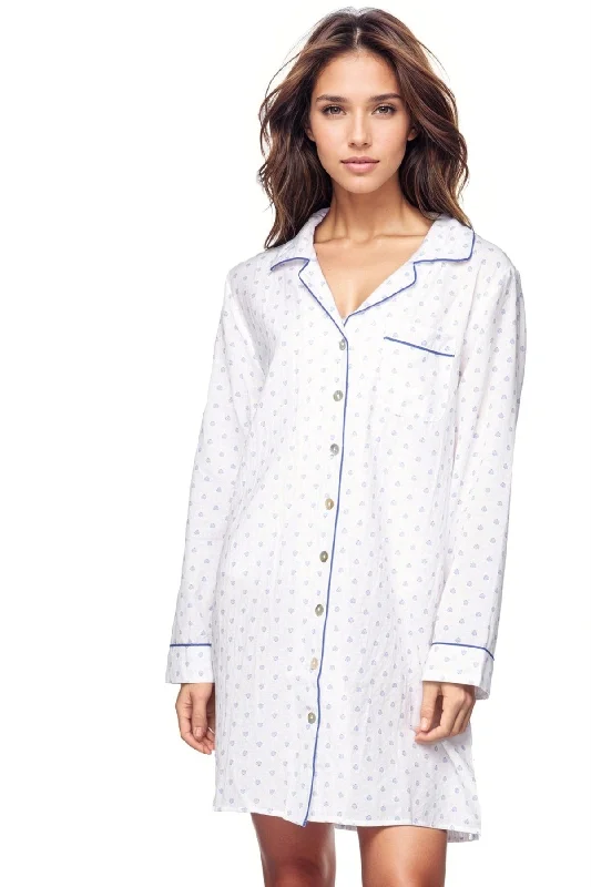 Cotton Chambray Night Shirt in White - Mini Blue Dot Print