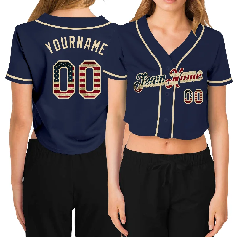 Custom Women's Navy Vintage USA Flag-Cream V-Neck Cropped Baseball Jersey