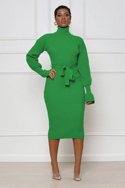 Jade Long Sleeve Bodycon Turtleneck Midi Green Sweater Dress | Claude