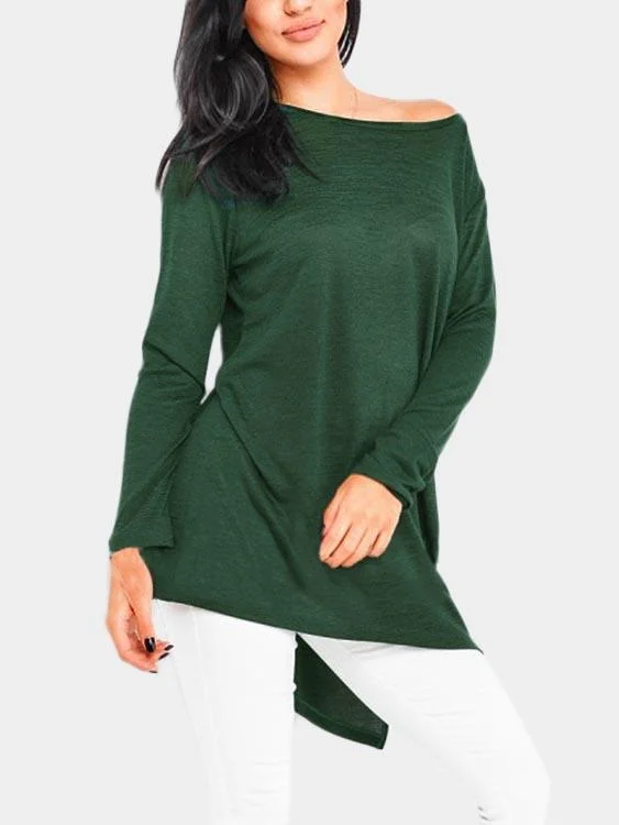 Custom One Shoulder Plain Slit Long Sleeve Irregular Hem Green T-Shirts