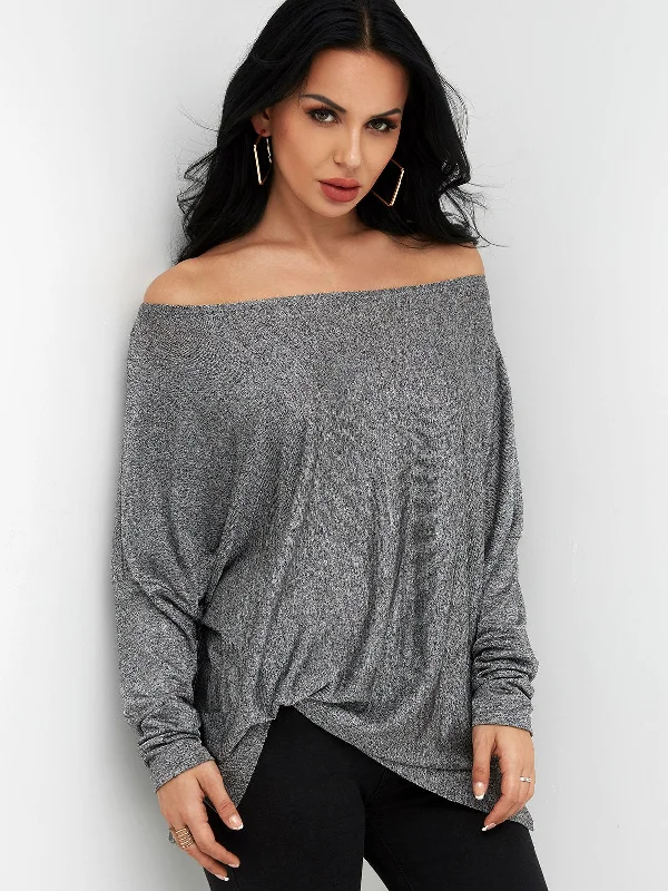 Custom Off The Shoulder Long Sleeve Curved Hem Dark Grey T-Shirts