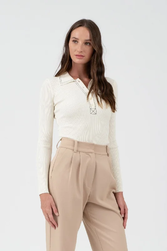 CONTRAST STITCH COLLARED SWEATER KNIT TOP