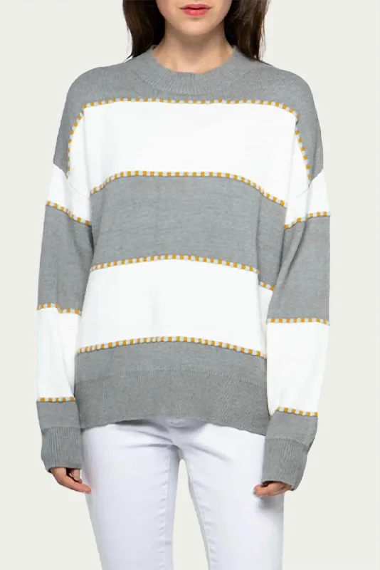 Lowest Price Two-Tone Striped Crewneck Sweater In Heather Grey