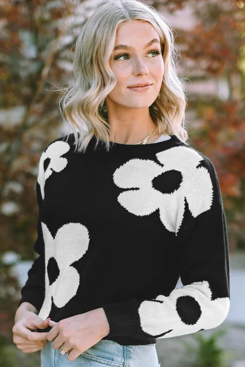 Erin Long Sleeve Sweater with Floral Pattern Color Contrast Design | 4 Colors