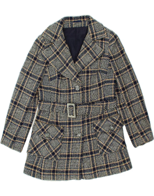 VINTAGE Womens Overcoat UK 12 Medium Navy Blue Check