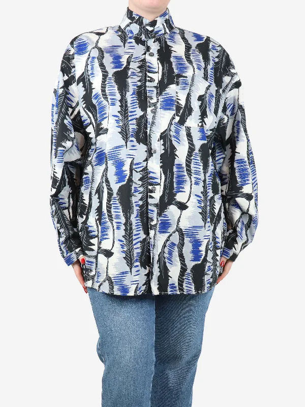 Blue and black printed high-neck shirt - size UK 14