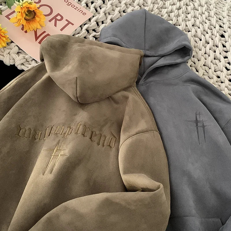 Vintage American Stylish Suede Hooded Sweatshirt