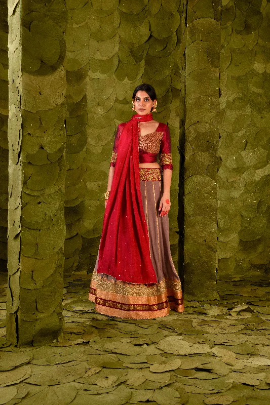 Akka (ಅಕ್ಕ) Lehenga in Blood Red Maroon and Bracken Grey